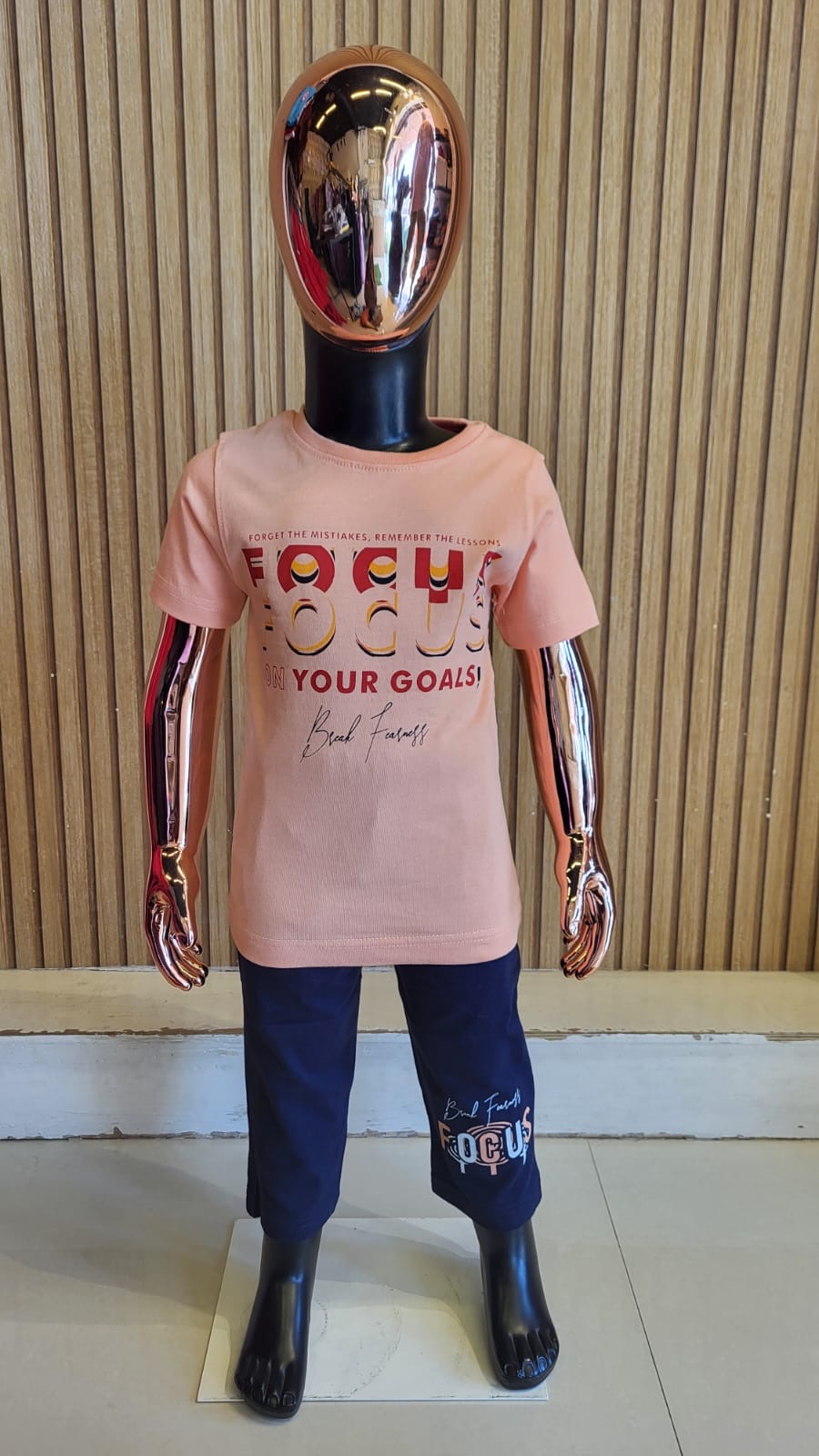 Boys Casual Co-Ord Set – “Focus on Your Goals” (Peach & Navy)