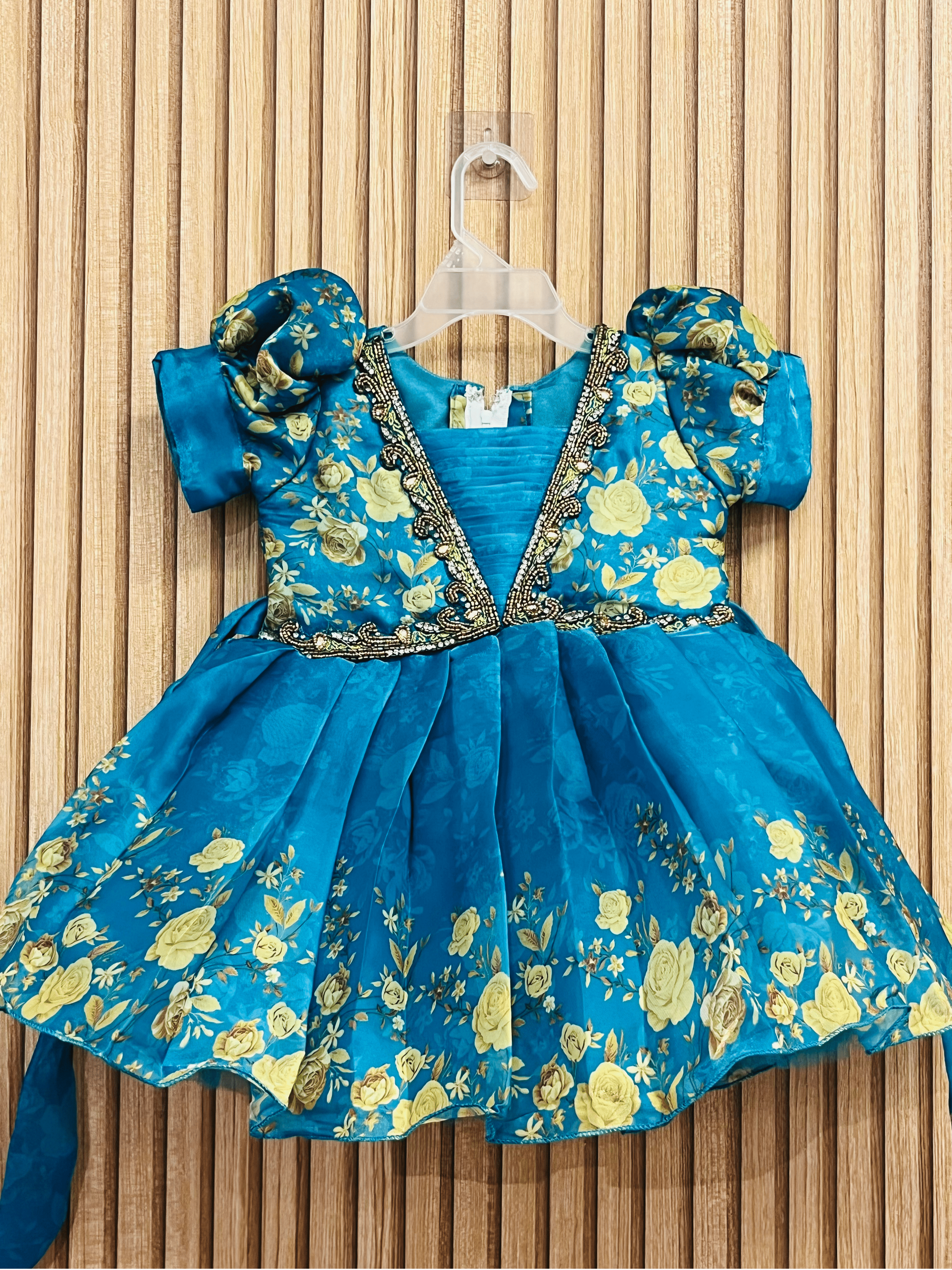 Royal Teal Floral Puff Sleeve Baby Frock